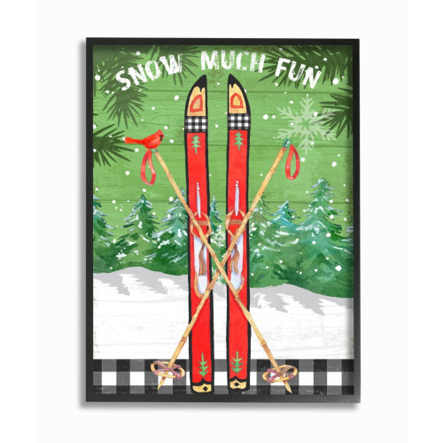 Green and Red "Snow Much Fun" with Ski Framed Wall Art Decor 14" x 11"
