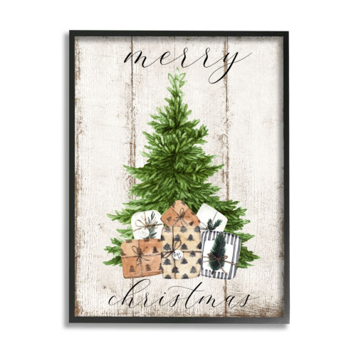 White and Green Merry Christmas Tree Illustration Rectangular Framed Wall Art 20" x 16"