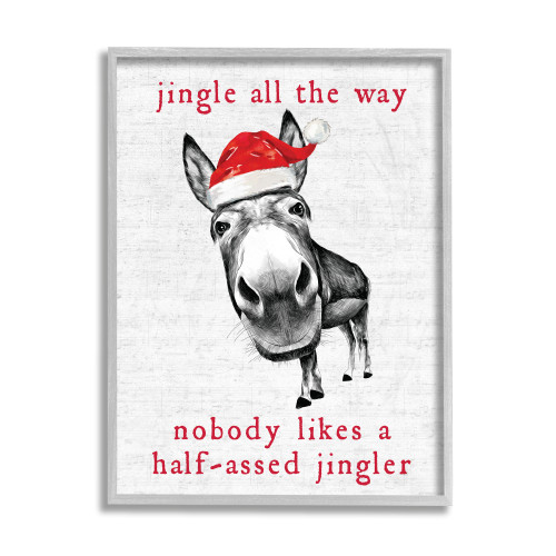 White and Red Jingle All The Way Sassy Christmas Donkey Gray Rustic Framed Wall Art 20" x 16"