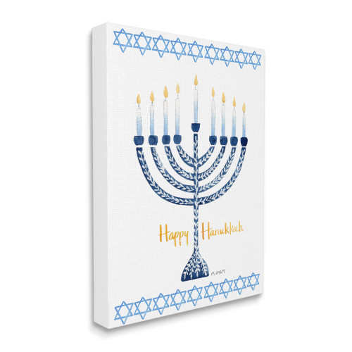 Blue and White "Happy Hanukkah" Festive Menorah Stretched Canvas Wall Art Decor 30" x 24"