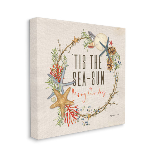 White and Blue "Tis the Sea-Sun" Nautical Wreath Stretched Wall Art Decor 36" x 36"