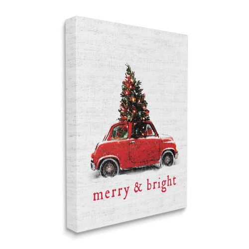 White and Red Merry Bright Quote Vintage Car Stretched Christmas Wall Art 16" x 20"