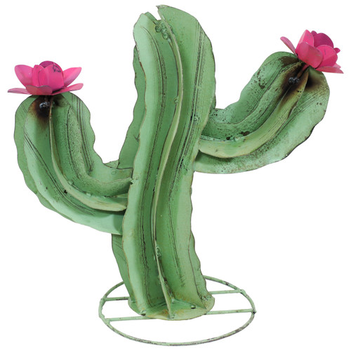 Saguaro Cactus Metal Statue with Pink Flowers