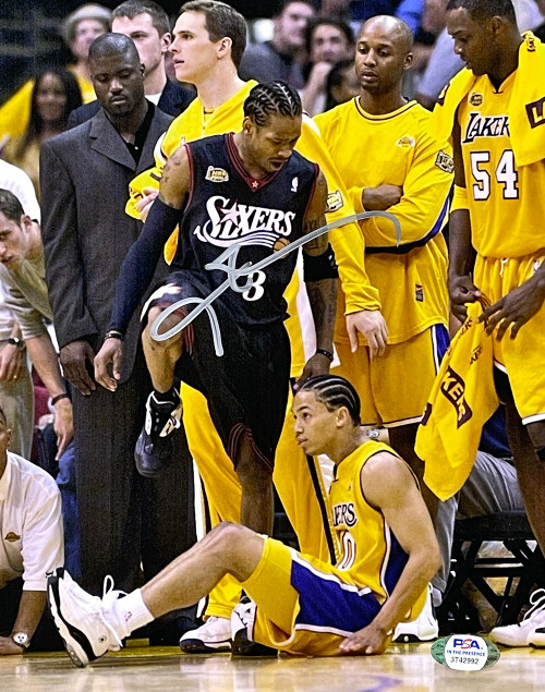 Allen Iverson Signed In Silver 8x10 Philadelphia 76ers Step Over Lue Photo PSA