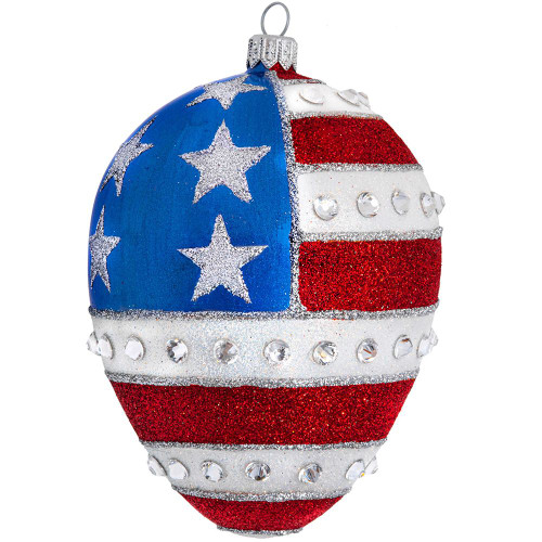 Red White and Blue Jeweled Egg Polish Glass Christmas Ornament