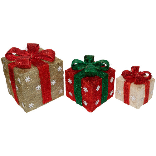 Lighted Gift Boxes Christmas Outdoor Decorations - 10" - Red and Gold - Set of 3