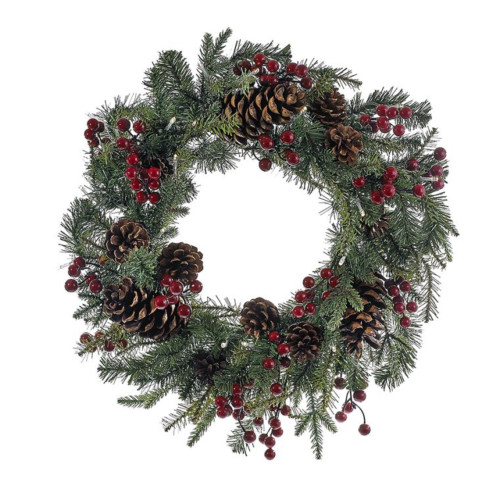 24" Green and Red Pre-Lit LED Berry Pinecone Indoor/Outdoor Wreath