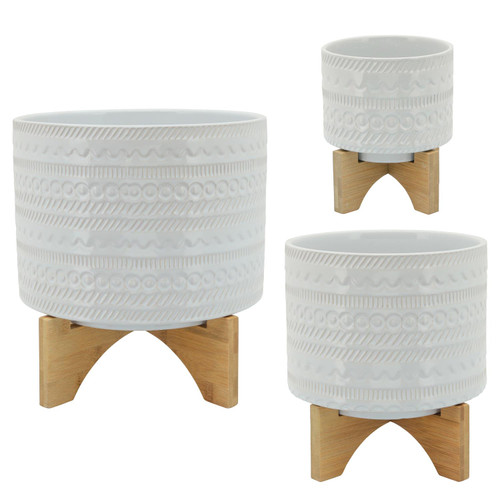 Sagebrook Home White Tribal Planter With Wood Stand 15350-04