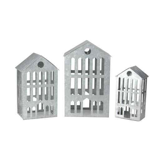 Set of 3 Silver Galvanized Nesting Christmas Houses Tabletop Decor 12"