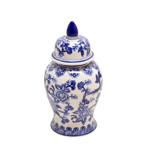 Sagebrook Home Temple Jar Bird Flower With Blue 15735-02