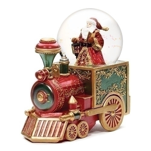 7.5" Red Green and Gold Musical Santa Christmas Train Glitterdome