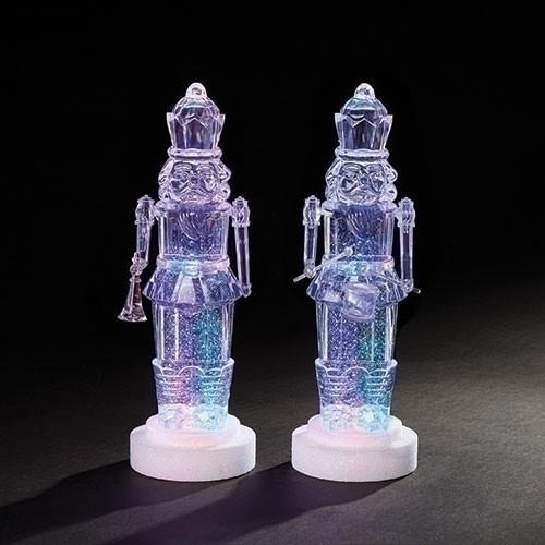 Set of 2 Clear LED Crystal Glitter Swirl Christmas Nutcrackers Battery Operated 12.5"
