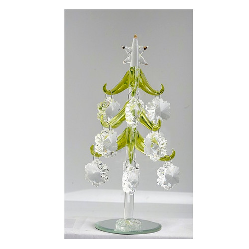 8" Green and Clear Glass Tree with Crystal Snowflakes Ornaments - 33480465