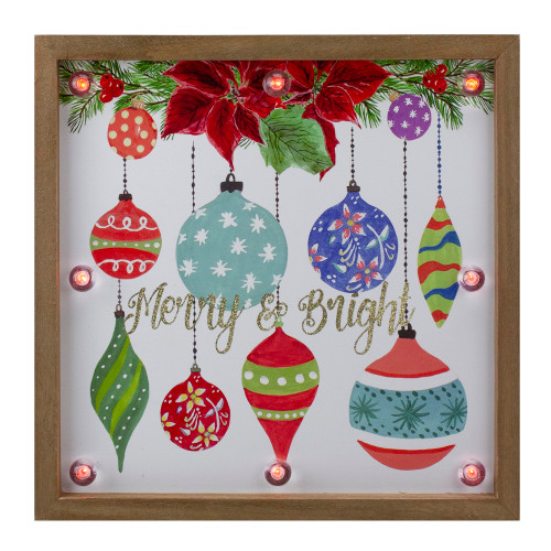 11.8" Brown Wooden Frame "Merry & Bright" with Hanging Ornaments and Glitter Christmas Plaque
