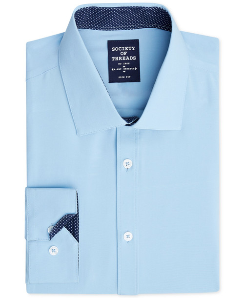 Society Of Threads Men's Slim Fit Stretch Solid Dress Shirt Blue Size Large
