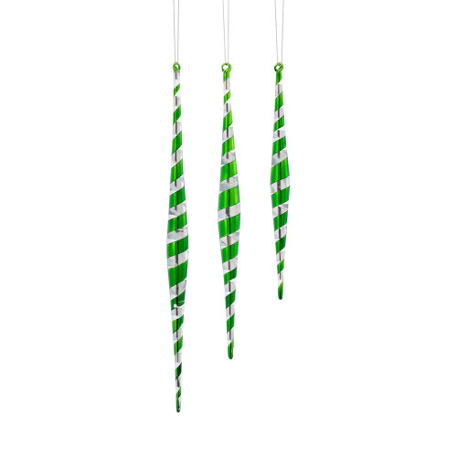 Set of 3 Clear and Green Swirl Christmas Icicle Ornaments 12"