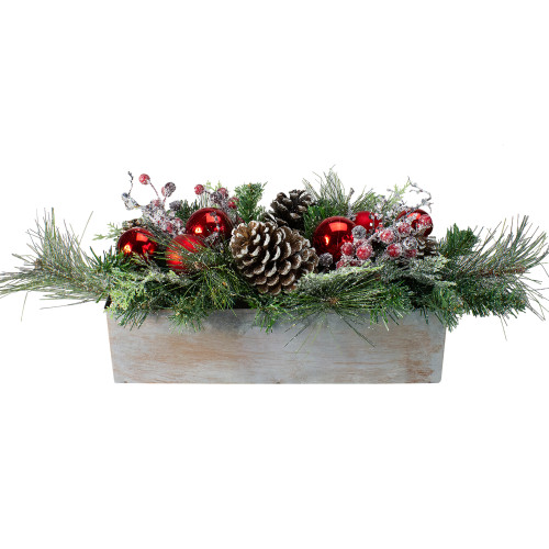 24" Mixed Pine and Red Ornaments Artificial Christmas Arrangement in Wood Planter