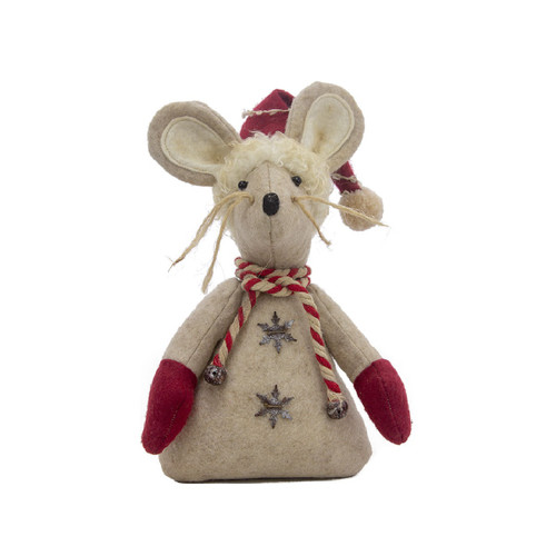 14" Ivory and Red Small Winter Candy Cane Mouse Plush Christmas Decoration