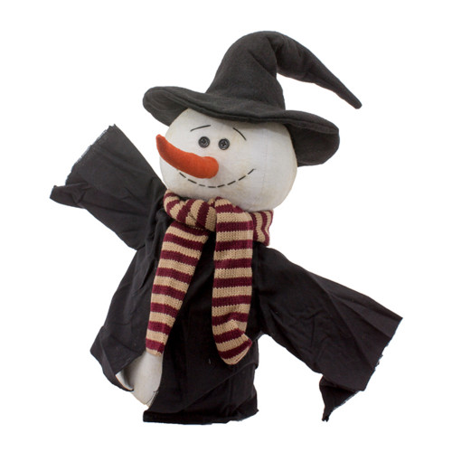 8" Plush Snowman in Black Witch's Hat and Scarf Christmas Figure