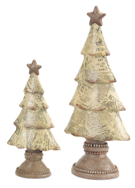 Set of 2 Beige and Brown Newspaper Print Tabletop Christmas Tree Decor 15"