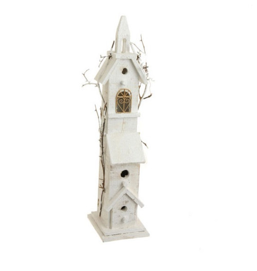 23.5" White and Brown Lighted Vine Accented Birdhouse Tabletop Christmas Decoration