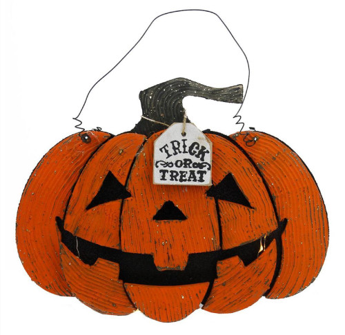 13.5" Orange and Black Trick or Treat Hanging Jack O' Lantern Halloween Decoration