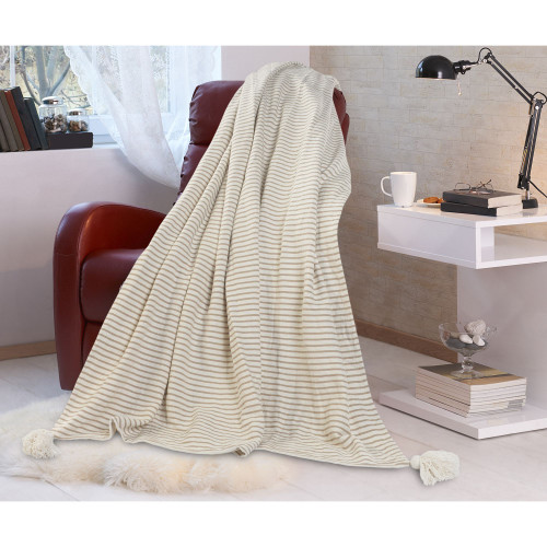 Beige and Ivory Classic Striped Throw Blanket with Tassels 50" x 60"