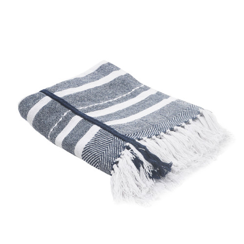 Navy Blue and White Horizontal Striped Fringed Throw Blanket 50" x 60"