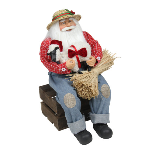 15" Red and Blue Santa Claus Holding Hampshire Sheep Christmas Decor