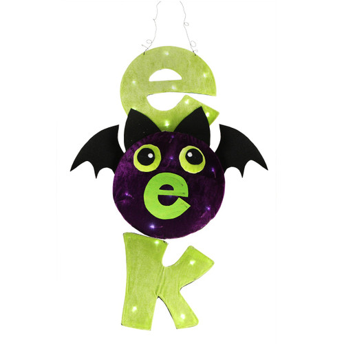 31" Pre-Lit Lime Green and Purple LED EEK Spooky Bat Hanging Halloween Decor