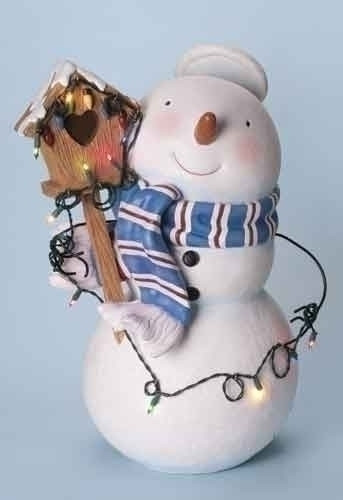 25 White and Blue Lighted Snowman with Halo and Birdhouse Christmas Figure