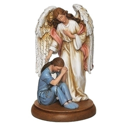 7.25" White and Blue Guardian Angel with Female Religious Tabletop Figurine