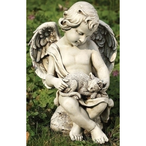 12" Sitting Cherub Angel with Kitten Garden Statue