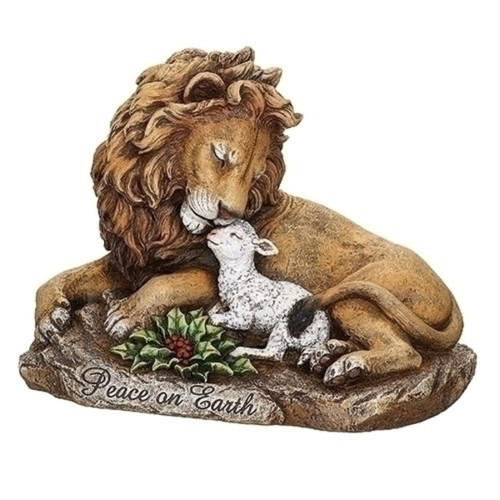 10.75" Brown Lion and Lamb on Rock Tabletop Figurine