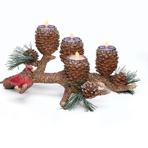 11.5" Brown and Green Pinecone with Cardinal Candle Holder