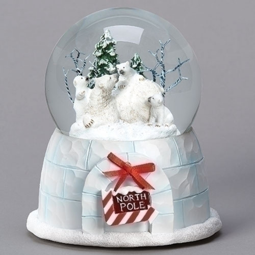 5.75" White and Red Musical Polar Bear Dome Swirl Christmas Tabletop Snow Globe