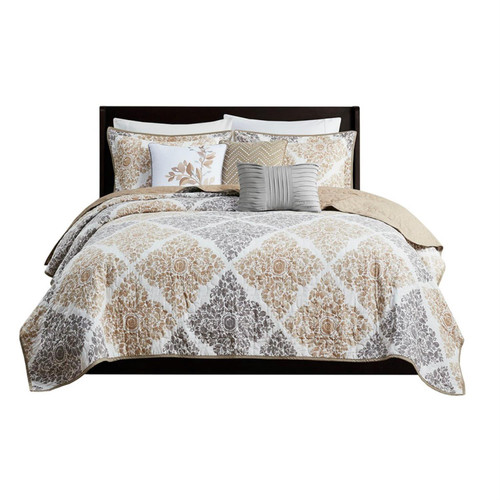 Madison Park Microfiber Printed 6Pcs King Coverlet Set With Neutral MP13-7745