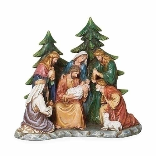 7.25" Nativity Scene with Pine Tree Figurine Christmas Tabletop Decor