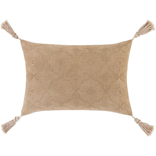 20" Beige and Brown Seamless Damask Pattern Rectangular Throw Pillow with Tassel