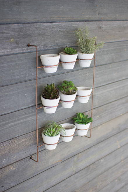 Kalalou Set Of 9 White Wash Clay Pots On Copper Finish Wall Rack H3218
