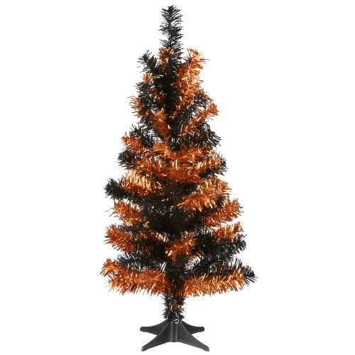 2' Black and Orange Tinsel Tree Tabletop Decor