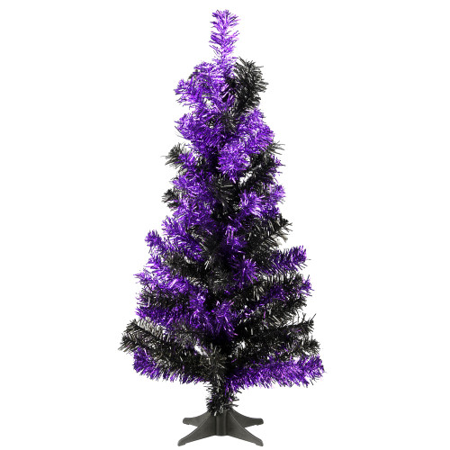 2' Purple and Black Tinsel Tree with Stand, Unlit