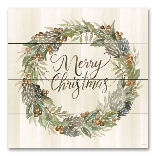 Ivory and Brown Sage Merry Christmas Wreath Square Wall Art Decor 12" x 12"