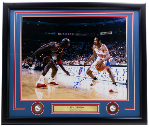 Allen Iverson Signed Framed 16x20 Philadelphia 76ers Vs Jordan Photo PSA