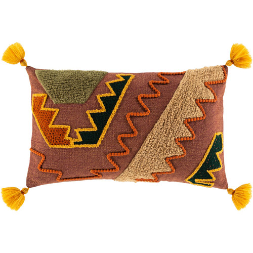 20" Red and Green Geometric Knitted Rectangular Throw Pillow - Down Filler