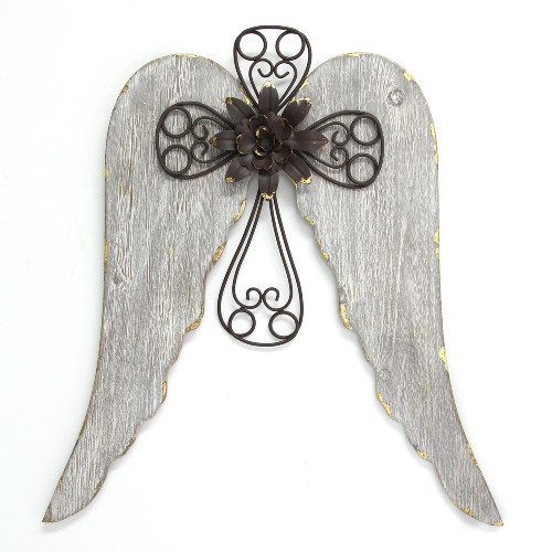 19" White and Brown Angel Wings with Cross Wall Decoration