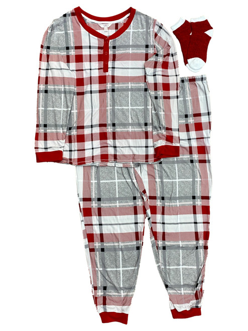 Womens Silky 3pc Gray & Red Plaid Socks Jogger Pajamas Sleep Set