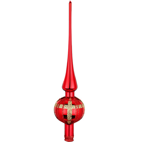 Inge Glas Twisted Line Red Shiny German Glass Finial Tree Topper 11.9 Inches