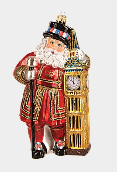 London Palace Guard Santa and Big Ben Polish Glass Christmas Ornament England