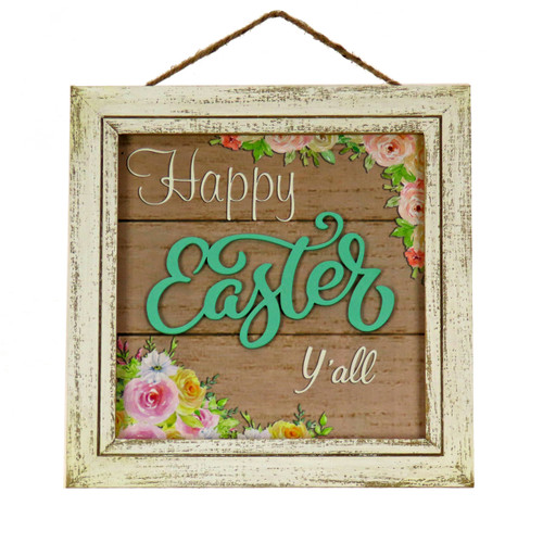 10" Green and Beige "Happy Easter Y'all" Hanging Square Framed Wall Sign